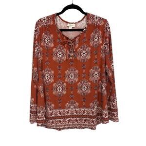 Style & Co. Tunic Top Large Orange Medallion Bohemian Peasant Festival Stretch